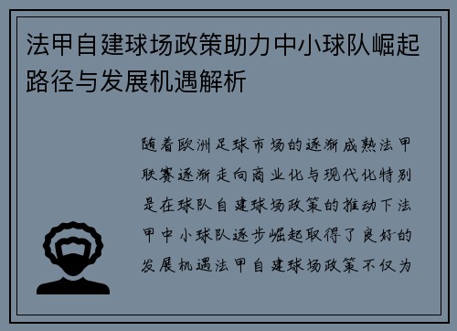 法甲自建球场政策助力中小球队崛起路径与发展机遇解析