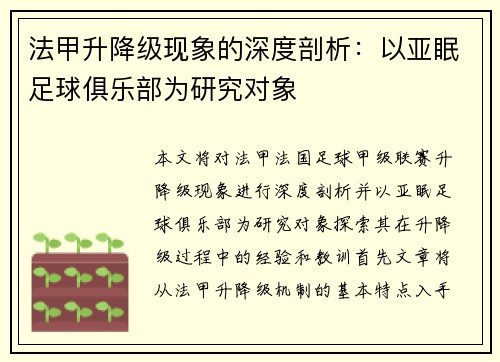 法甲升降级现象的深度剖析：以亚眠足球俱乐部为研究对象