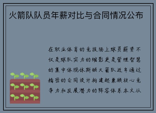 火箭队队员年薪对比与合同情况公布